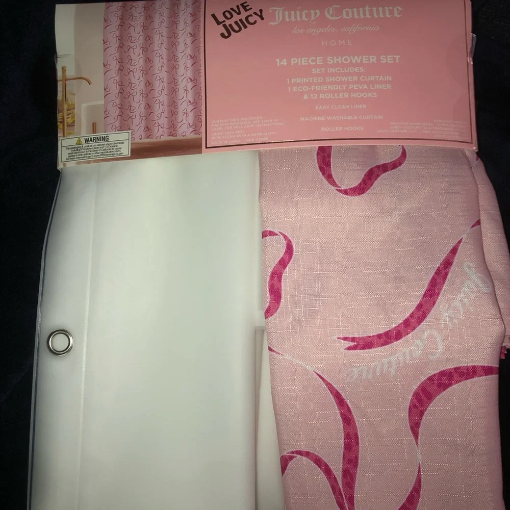🎀 Juicy Couture Pink Bow Shower Curtain Set with Silver Hooks